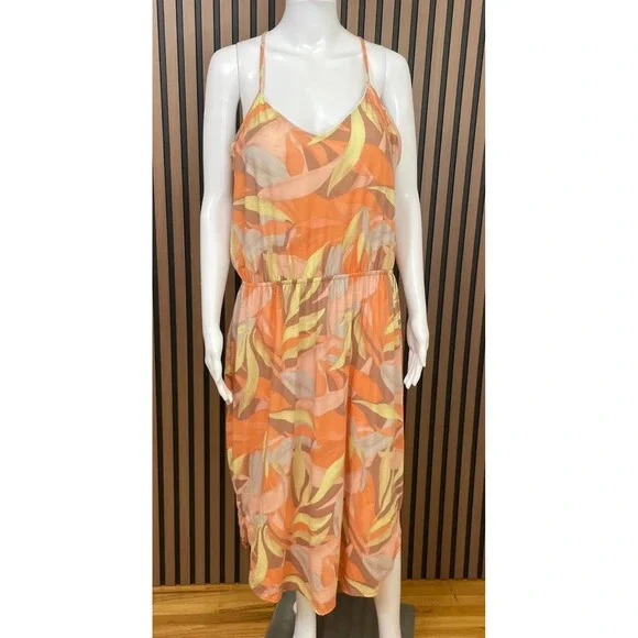 PrAna Women's XL Orange Dress Polyester Tropical Racerback Tank Summer Cocktail - Picture 3 of 10